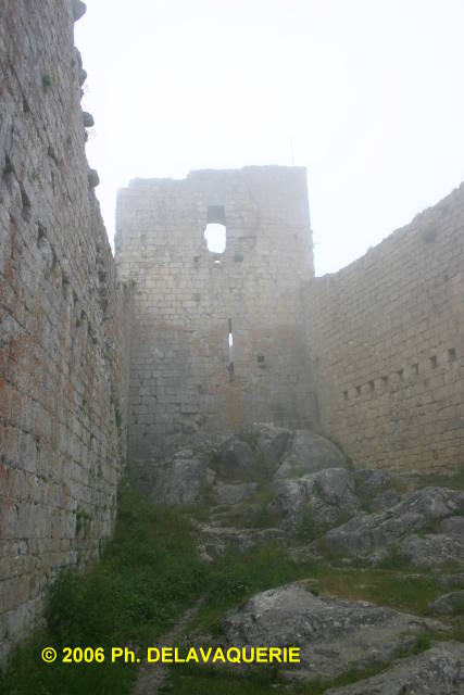 Château de Montségur - Intérieur du château. Le brouillard rend l'ensemble fantomatique.