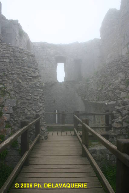 Château de Montségur - Donjon : L'ensemble citerne (au premier plan) salle basse.